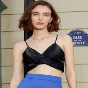 AEL Knot Black Sateen Crop Top - XS